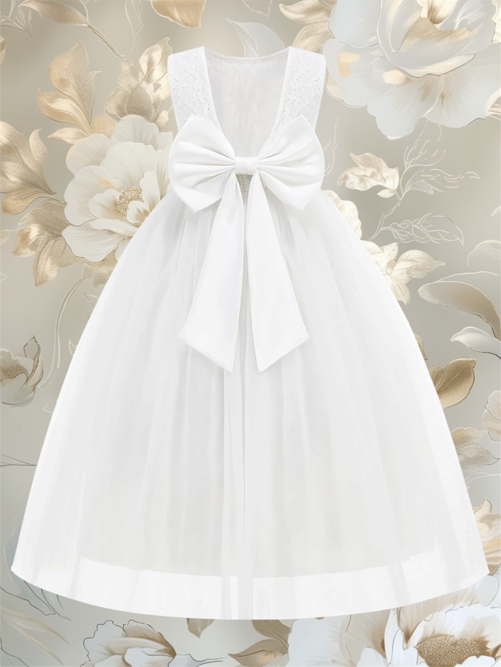 Girls Flowy White Dress With Large Back Bow: 7-8 Years